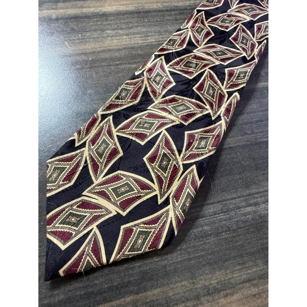 Hart Schaffner Marx Mens Silk Tie Burgundy Green Geometric Diamond Made in USA